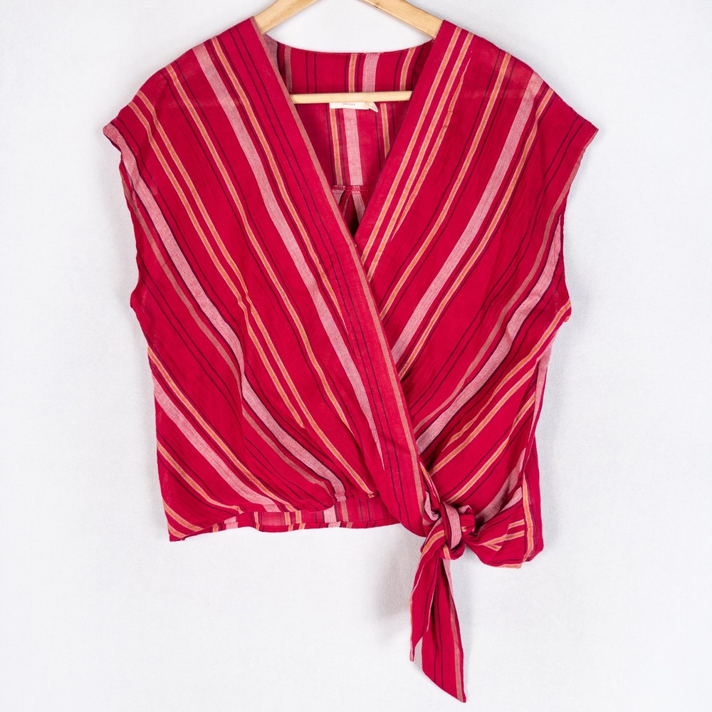 Harper Heritage Top Womens Medium Red Striped Surplice Side Tie Blouse Retro